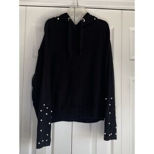 Sweater Black Hooded Faux Pearl Embellishments K. Jordan Drawstring Sz Med